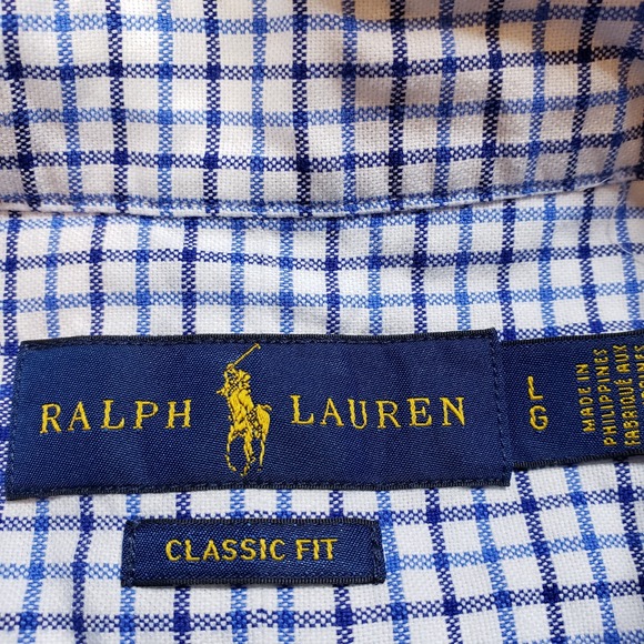Ralph Lauren Shirt Men Large White Blue Plaid Flesh Pony Classic Fit OCBD - Picture 5 of 8